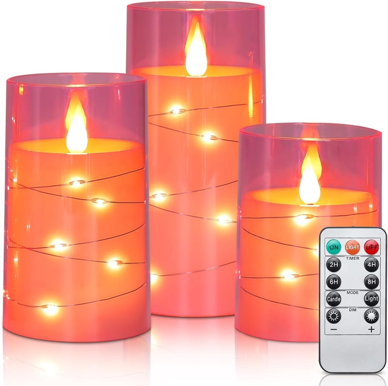 Aignis Flickering Flameless Candles Battery Operated Candles LED Candles with Remote Timer for Home/Wedding/Birthday/Holiday Decor, Cherry Blossom Pink 3D Flame Set of 3 (D3 xH4 5" 6") - Image 1